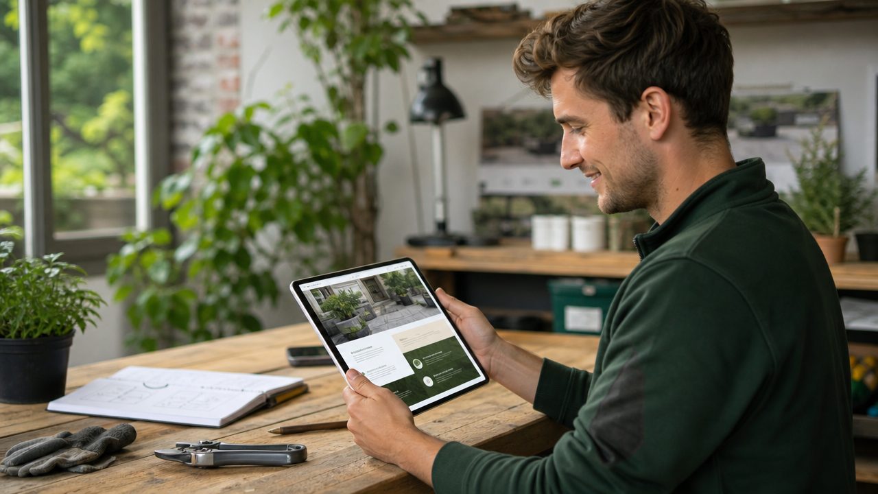 Hoveniers eigenaar bekijkt nieuwe website preview op tablet