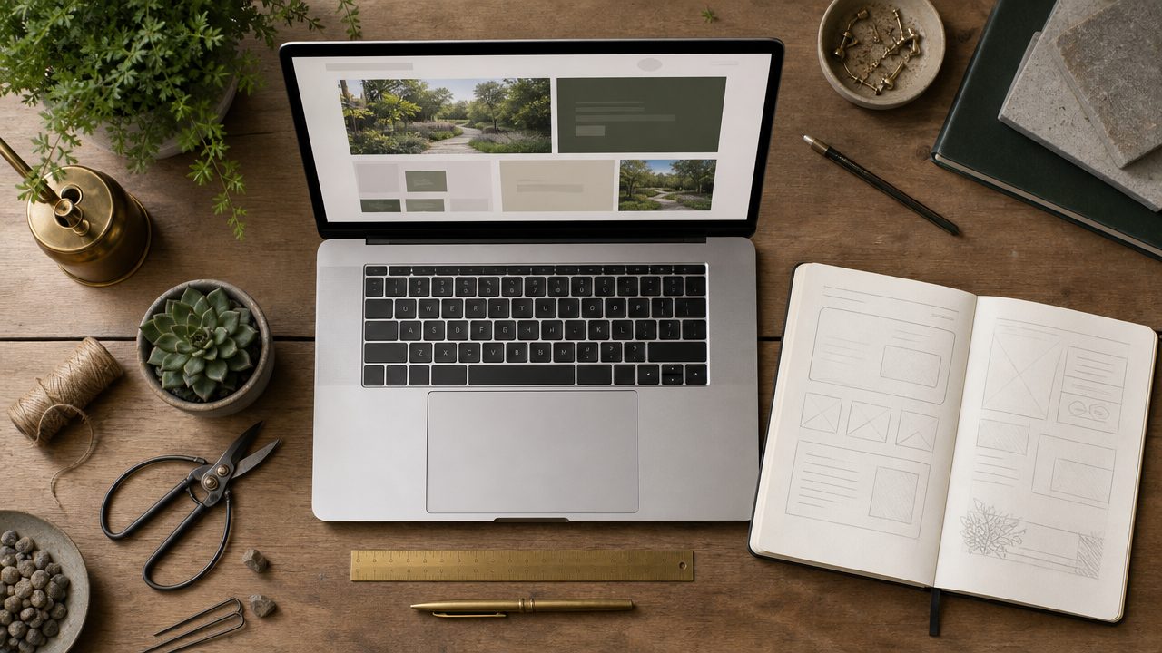 Top-down flat-lay van hovenier website ontwerpproces met wireframe schetsen