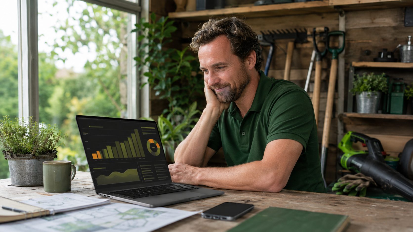 Hoveniers eigenaar bekijkt review analytics dashboard