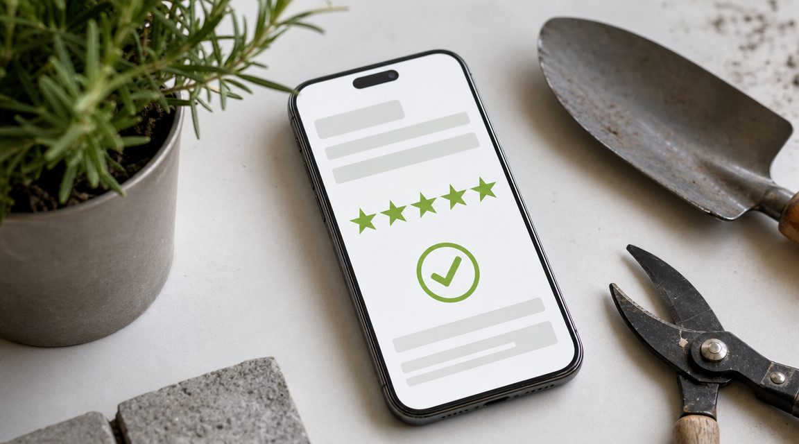 5-sterren review op smartphone â Google review na hovenier klus
