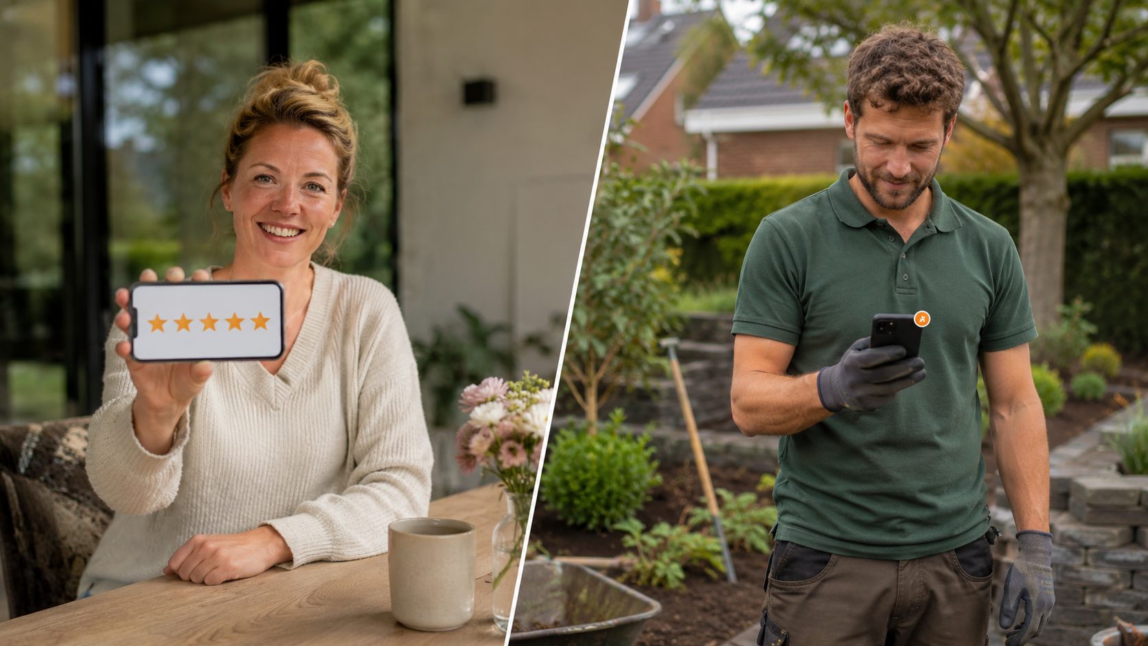 Klant geeft 5-sterren review, hovenier ontvangt notificatie
