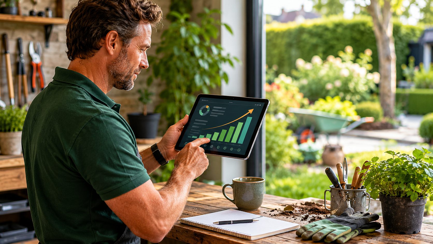 Hovenier bekijkt SEO ranking-chart op tablet