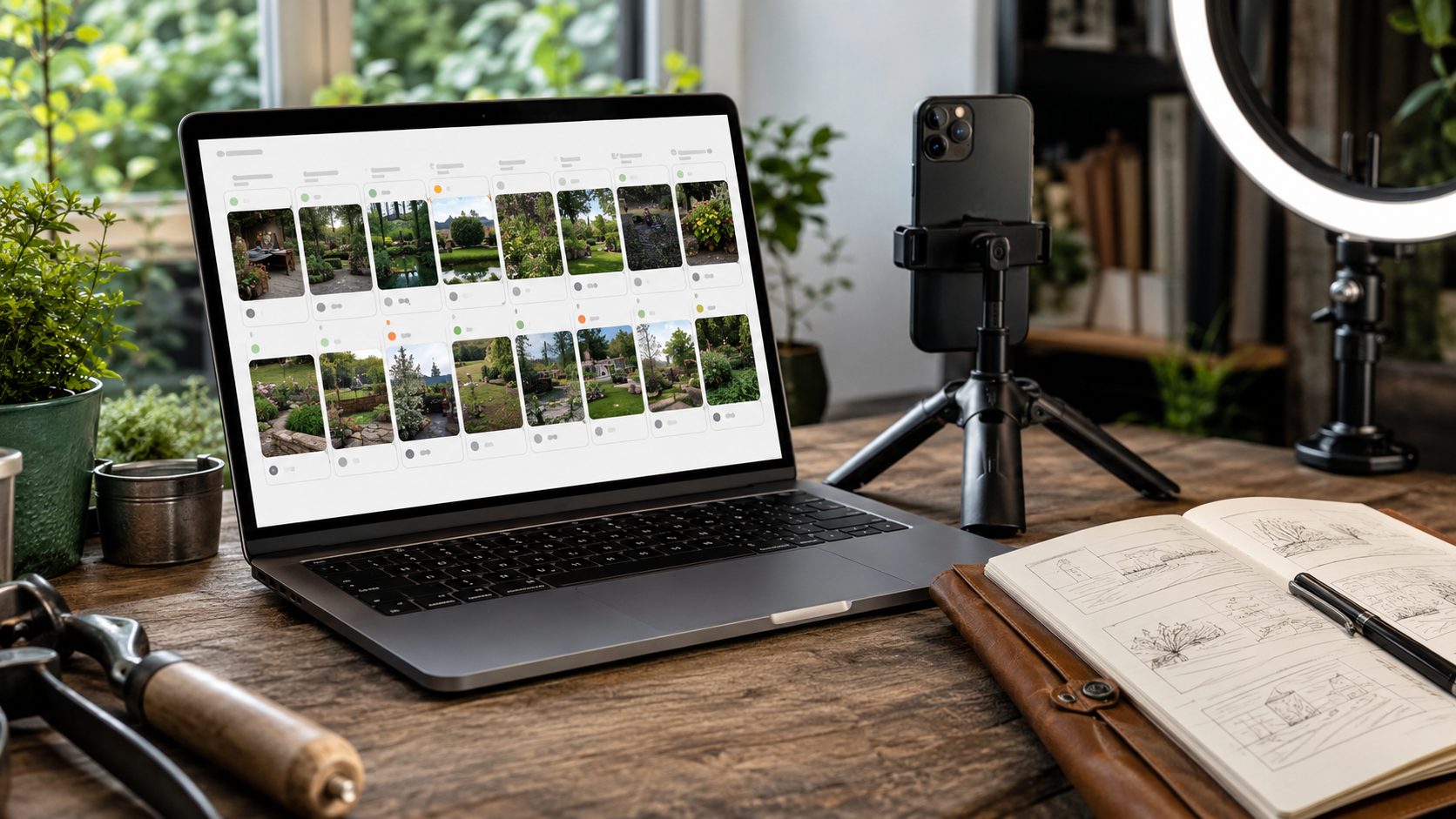 Content planner met ring-light setup